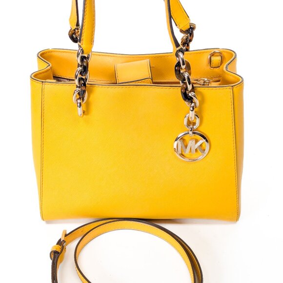 MK MICHAEL KORS Saffiano Leather Satchel Shoulder Strap Bag Yellow - Picture 16 of 16